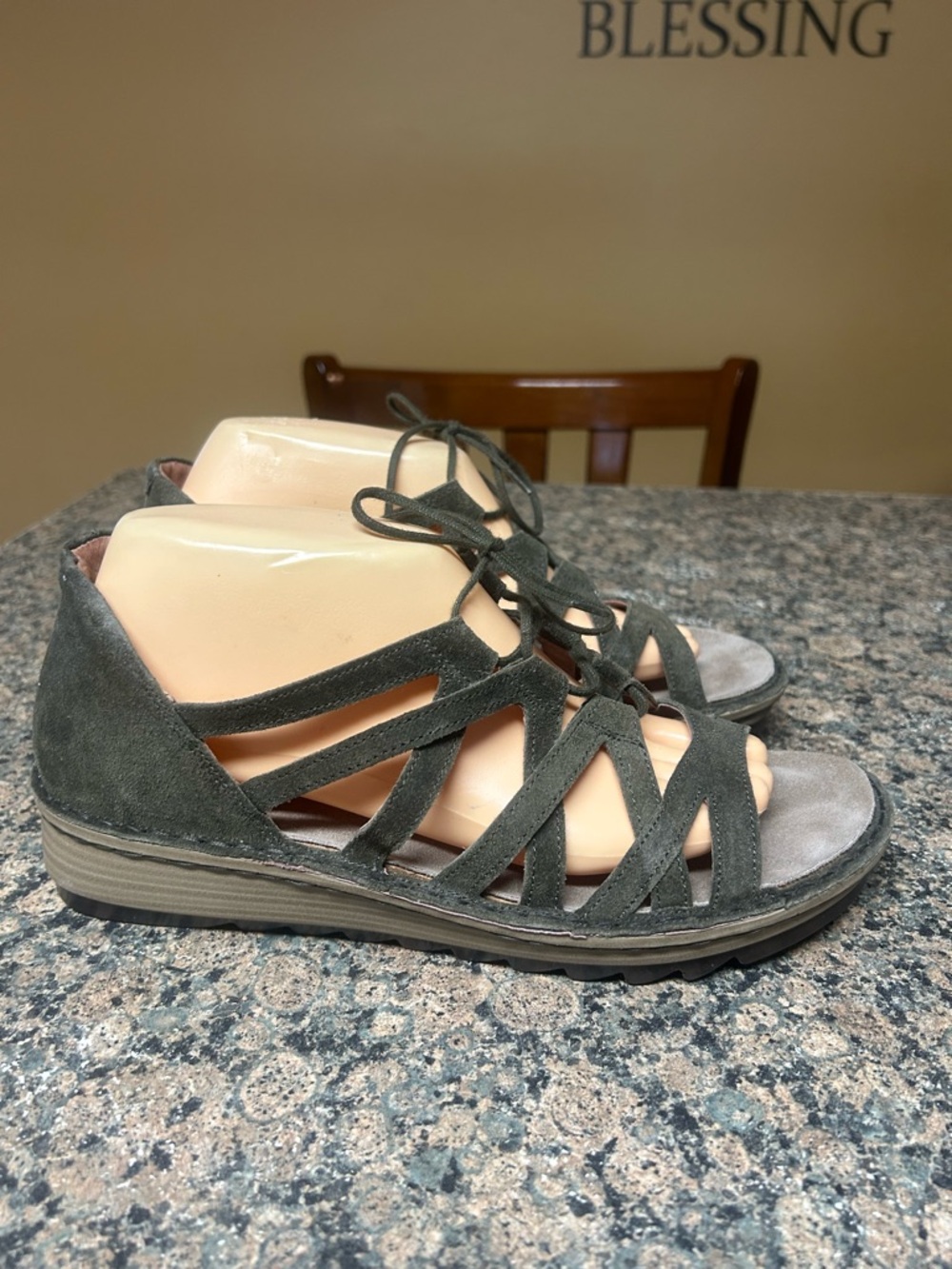 Naot Olive Suede Lace-Up Strappy Wedge Sandals